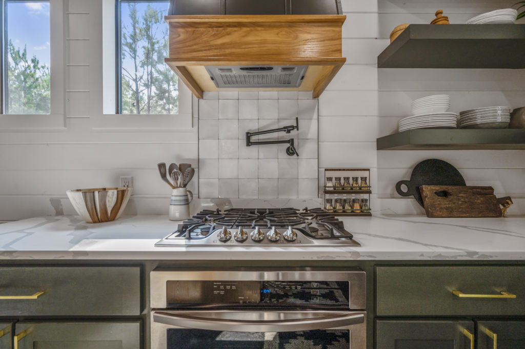Kitchen Design #greencabinets #whitecountertops #kitchendesign #tilebacksplash