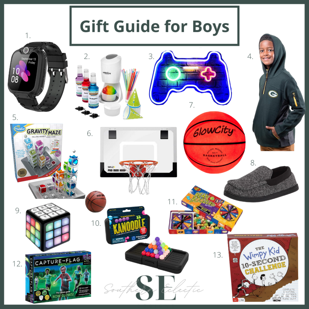 Gift Guide For Boys #giftsforhim #amazon #boardgames #basketball #glowinthedark #footballhoodie #smartwatch #boysgifts 