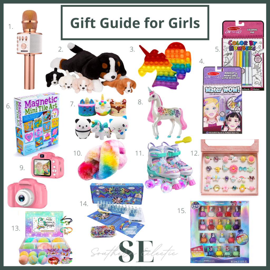 Gift Guide for Girls #giftguide #unicorns #barbie #slippers #kidscamera #nailpolishset #giftsforher #mylittlepony